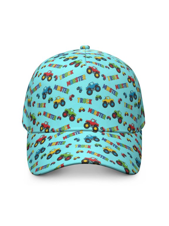 Monster Cartoon Truck Blue Pattern Baseball Cap, Outdoor Travel Cap with Snap Closure & Sweatband, Breathable Eyelets Gifts for Unisex Men Women