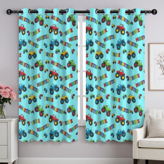 Monster Cartoon Truck Blue Pattern Blackout Curtains,Triple Weaved Fabric,Thermal Insulated,Room Darkening,Grommet Top,2 Panels,52x84in(132x213cm)