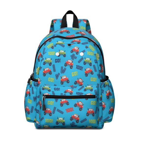 Monster Cartoon Truck Blue Pattern Cute School Backpack with Padded Back and Adjustable Shoulder Straps 13.4"x11"x4.7"