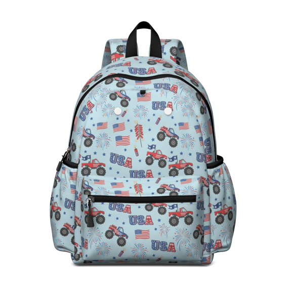 Monster Cartoon Truck Blue Pattern Cute School Backpack with Padded Back and Adjustable Shoulder Straps 13.4"x11"x4.7"