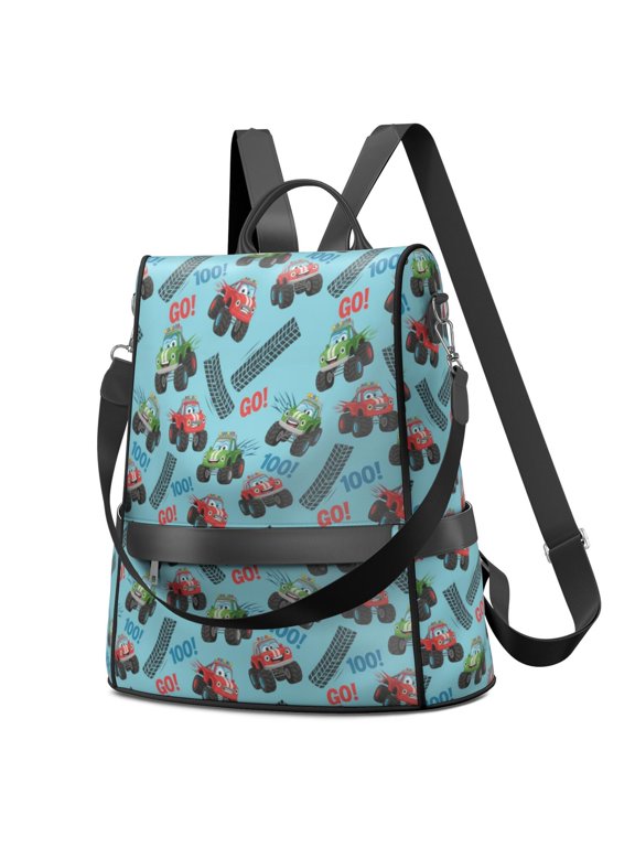 Monster Cartoon Truck Blue Pattern Fashion Backpack, Work Travel Rucksack with Side Bottle Pockets & Convertible Strap, Large Capacity Gifts for Birthday Christmas Thanksgiving