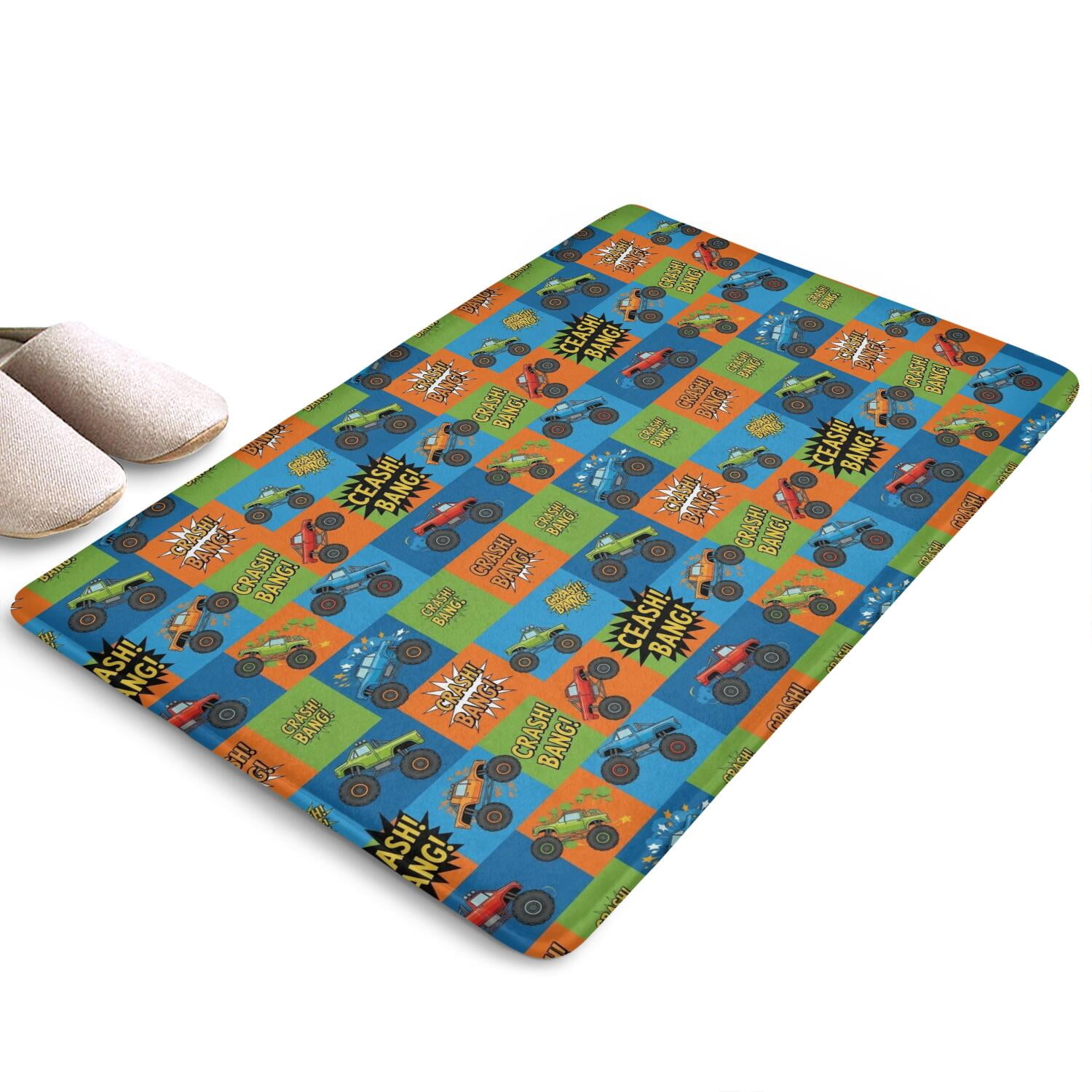 Monster Cartoon Truck Blue Pattern Flannel Non-Slip Floor Mat, Bedroom ...