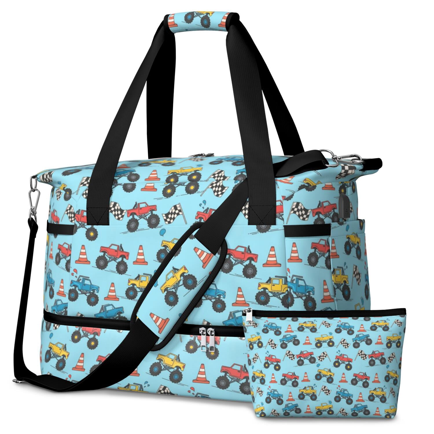 Monster Cartoon Truck Blue Pattern Gym Duffel Bag 2 Piece Set, Carry on ...