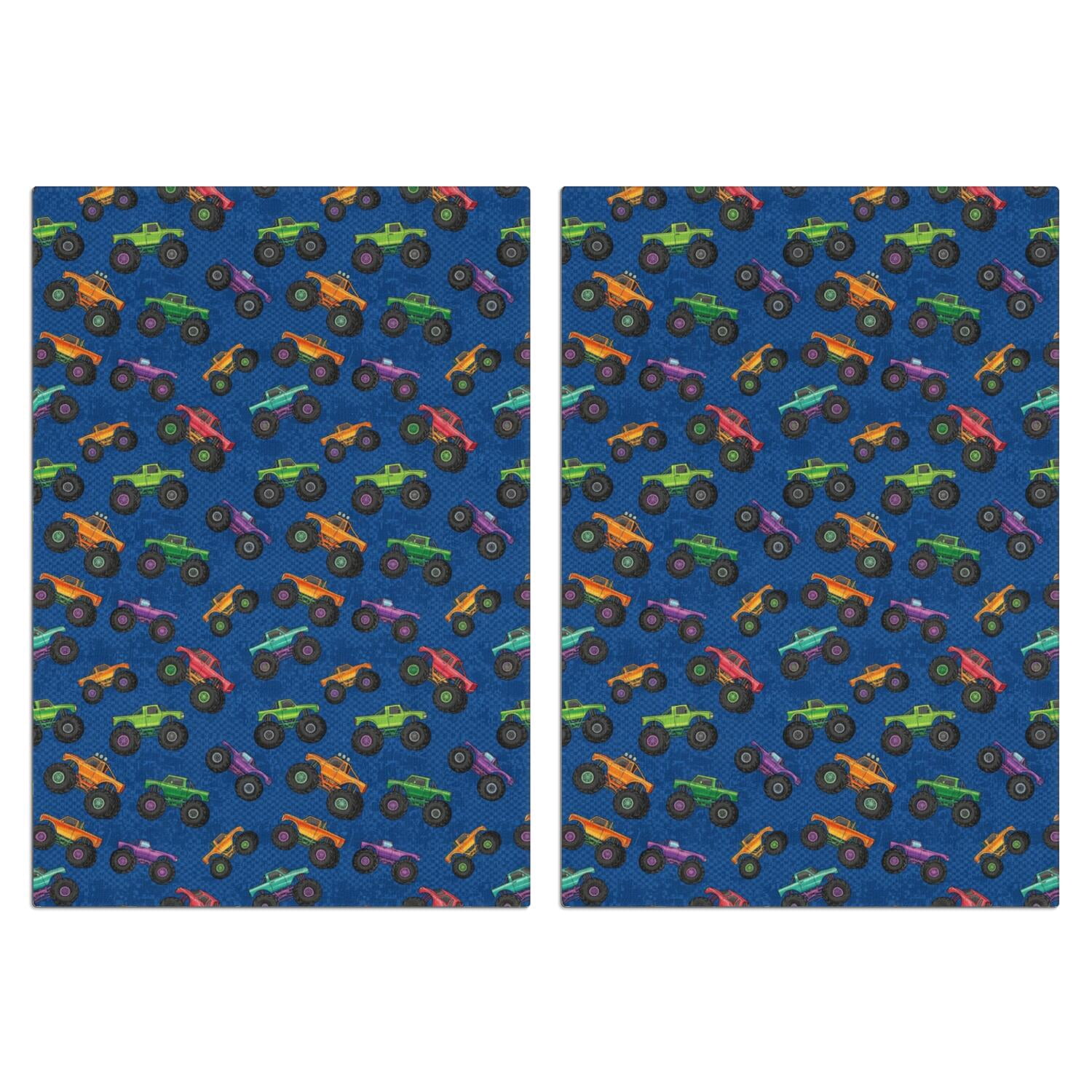 Monster Cartoon Truck Blue Pattern Kitchen Towels Set Of 2, Microfiber ...