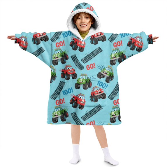 Monster Cartoon Truck Blue Pattern Lamb Fleece Blanket Hoodies for Teens ,Teens Oversize Sherpa Wearable Hooded Blanket Sweatshirt with Super Pockets