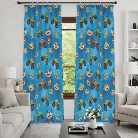 Monster Cartoon Truck Blue Pattern Pinch Pleat Semi Sheer Linen ...