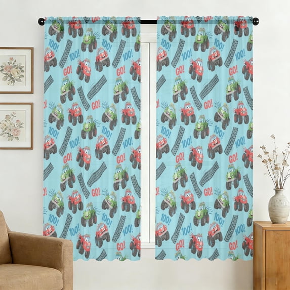 Monster Cartoon Truck Blue Pattern Sheer Curtains, Rod Pocket Sheer ...