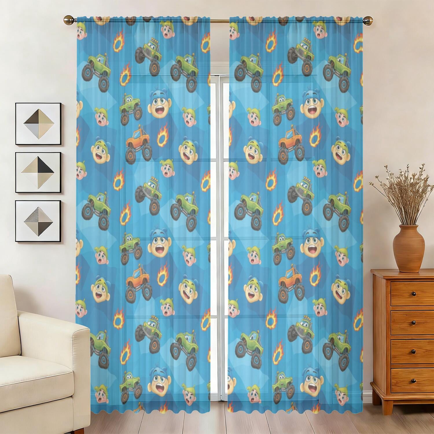 Monster Cartoon Truck Blue Pattern Sheer Curtains, Sheer Curtain Panels ...
