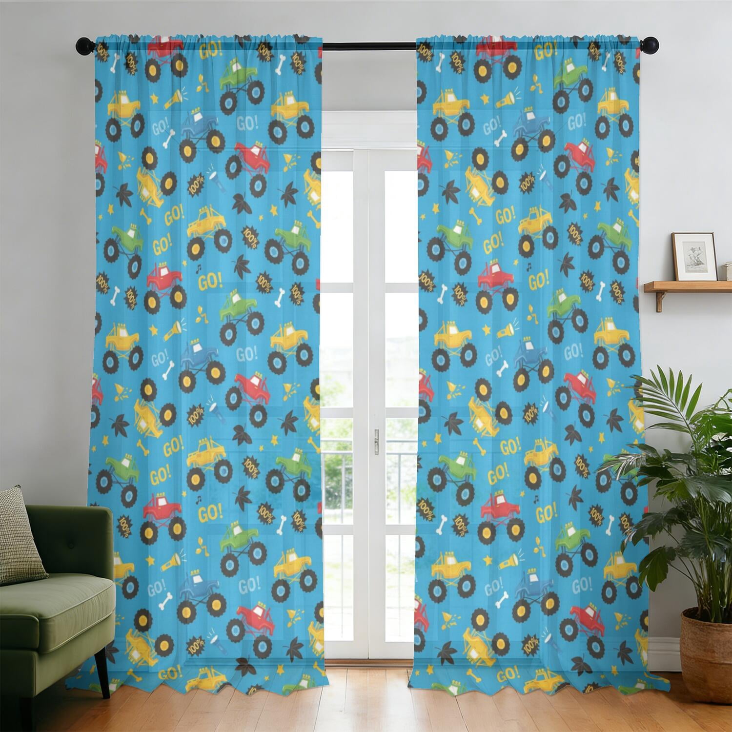 Monster Cartoon Truck Blue Pattern Sheer Curtains, Sheer Curtain Panels ...
