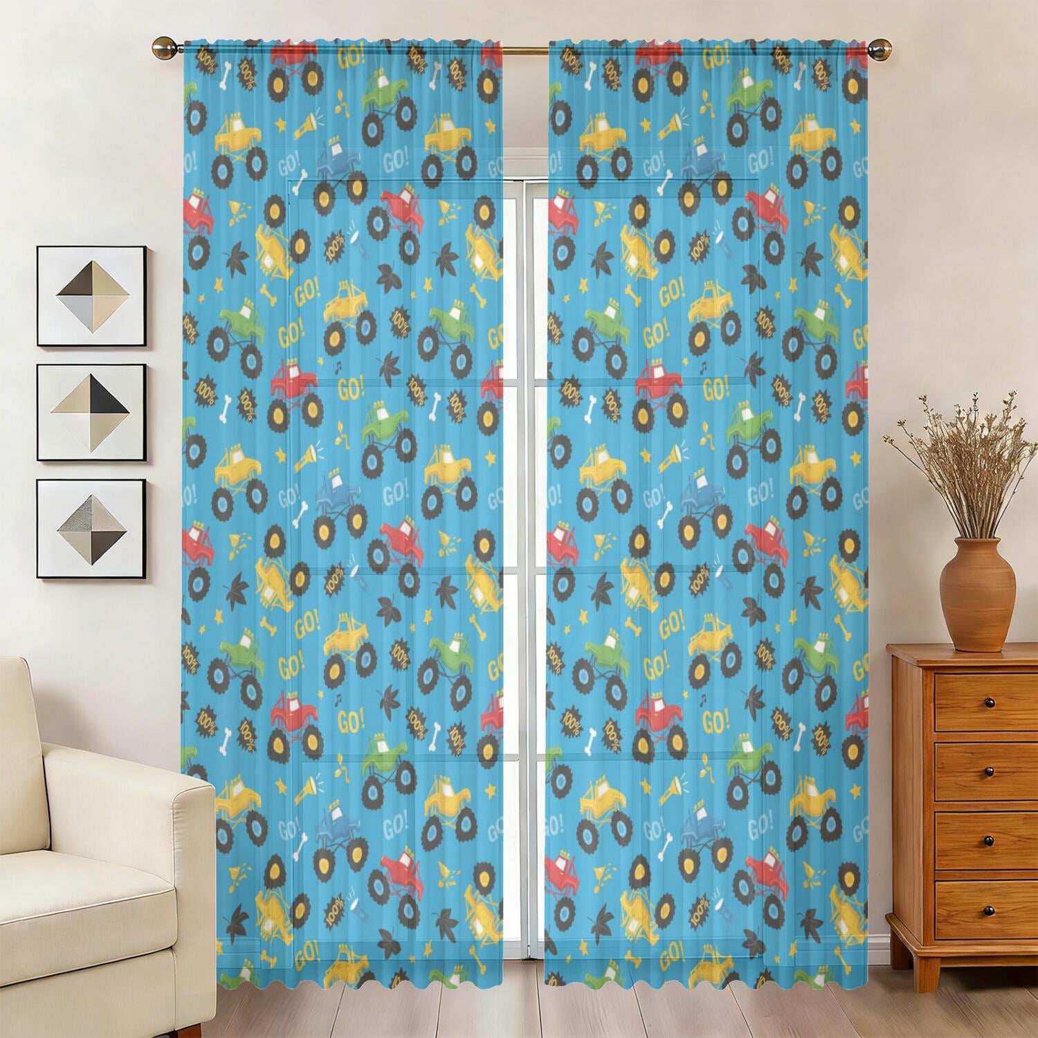 Monster Cartoon Truck Blue Pattern Sheer Curtains, Sheer Curtain Panels ...