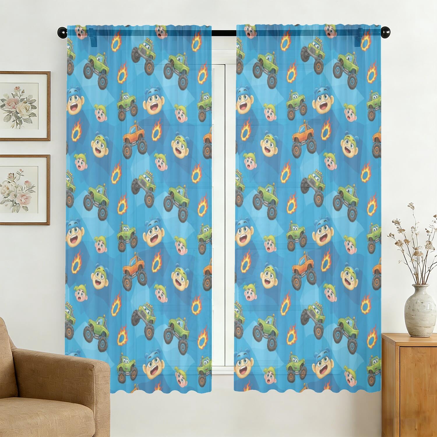 Monster Cartoon Truck Blue Pattern Sheer Curtains, Sheer Window Panels ...