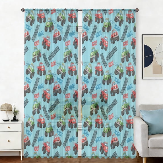 Blue Monster Pattern Monster Cartoon Truck Blue Pattern Sheer Curtains, Sheer Window Panels ...