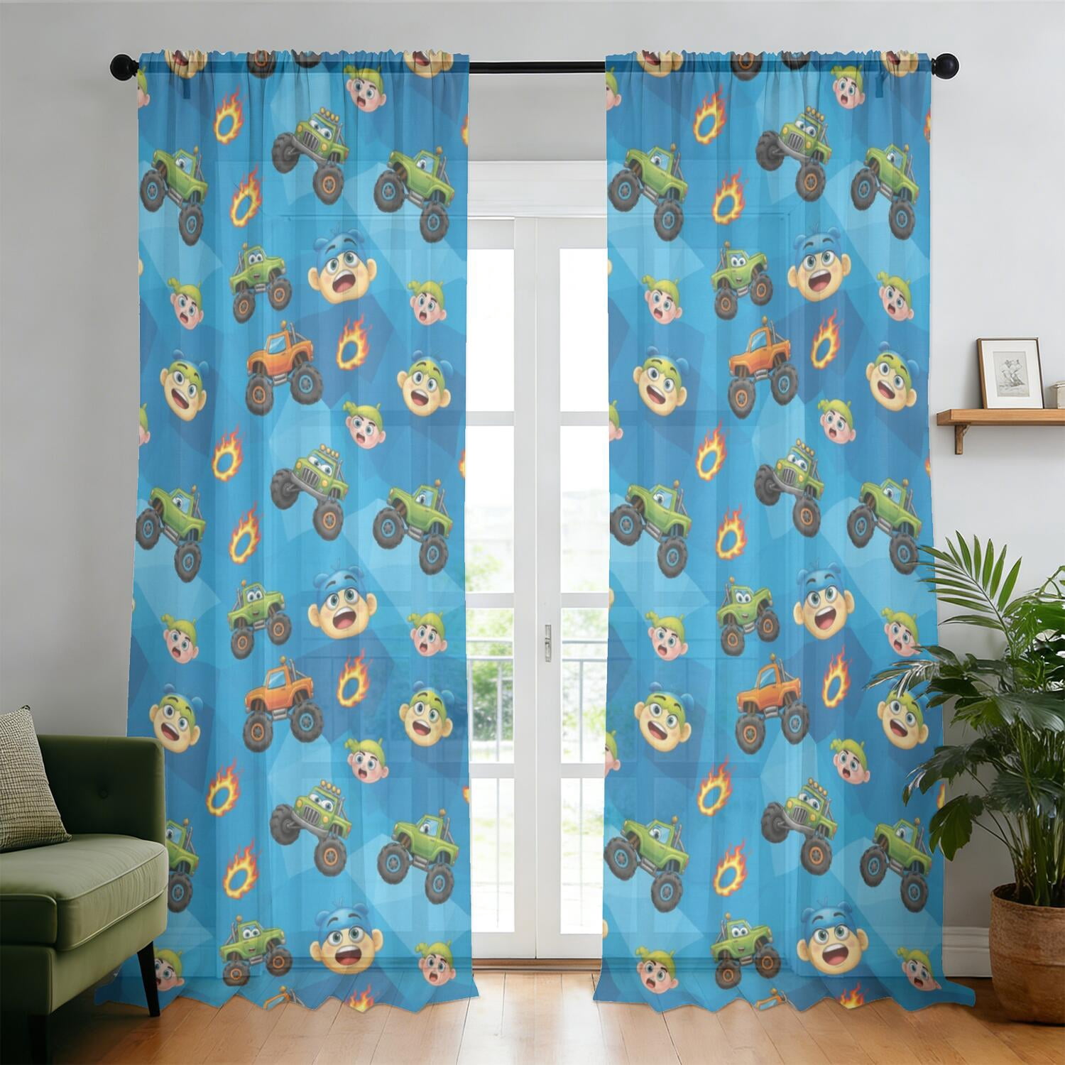 Monster Cartoon Truck Blue Pattern Sheer Curtains, Voile Drapes with ...