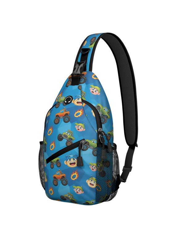 Monster Cartoon Truck Blue Pattern Sling Backpack, Unisex Daily Travel Sling Pack with Side Mesh Pockets, Breathable Padded Back Gift Ideas for Travel Shopping Commuting
