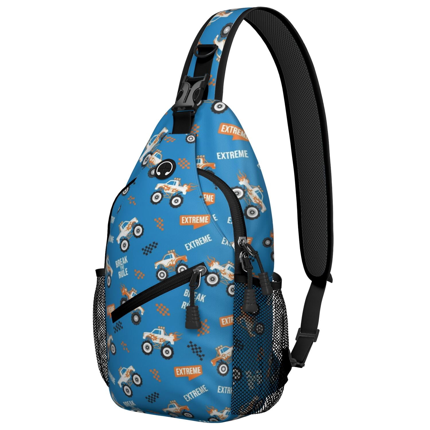 Monster Cartoon Truck Blue Pattern Sling Backpack, Unisex Hiking Chest ...