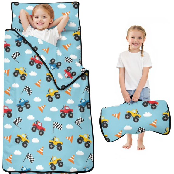 Monster Cartoon Truck Blue Pattern Teens Toddler Nap Mat with Pillow, Sleeping Mat Bag for Preschool Daycare 50"x20"