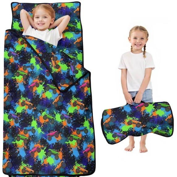 Monster Cartoon Truck Blue Pattern Teens Toddler Nap Mat with Pillow, Sleeping Mat Bag for Preschool Daycare 51"x22"
