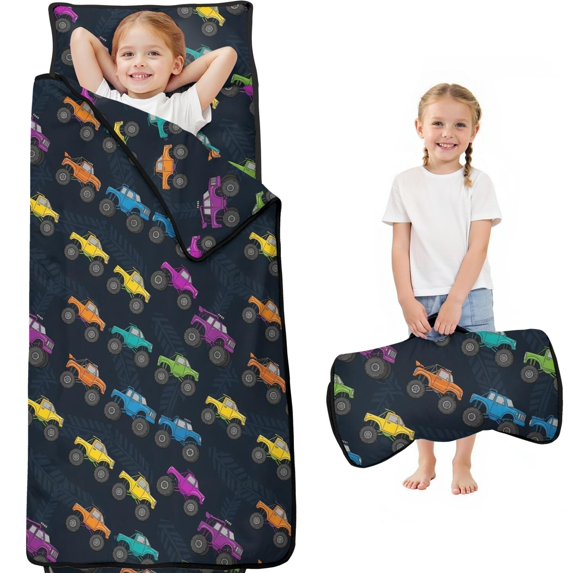 Monster Cartoon Truck Blue Pattern Teens Toddler Nap Mat with Pillow, Sleeping Mat Bag for Preschool Daycare 59"x22"