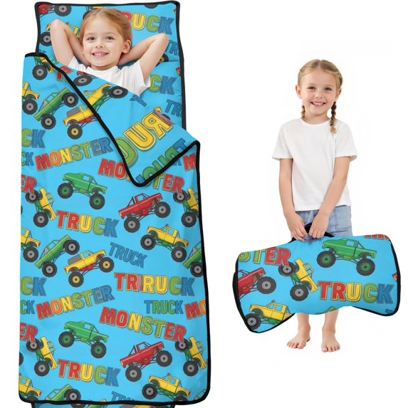 Monster Cartoon Truck Blue Pattern Teens Toddler Nap Mat with Pillow, Sleeping Mat Bag for Preschool Daycare 60"x20"