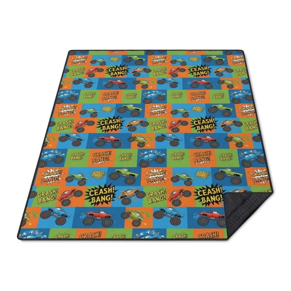 Monster Cartoon Truck Blue Pattern Waterproof Picnic Blanket, 3-Layer ...