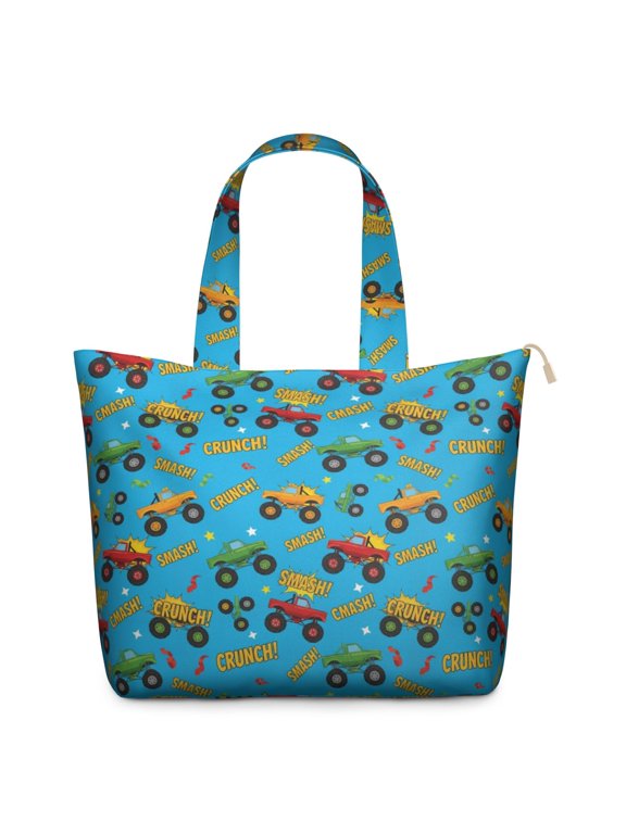 Monster Cartoon Truck Blue Pattern Weekend Tote Bag, Outdoor Travel Carryall with Inner Zip Pocket, Full Length Zipper Gift Ideas for Outdoor Weekend Trips,22 X 12 X 18 Inches