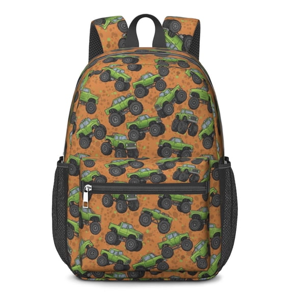 Monster Cartoon Truck Brown Pattern 17" Waterproof Oxford School Backpacks for Teens, S-Shape Padded Straps, for School, Travel, Hiking, Camping
