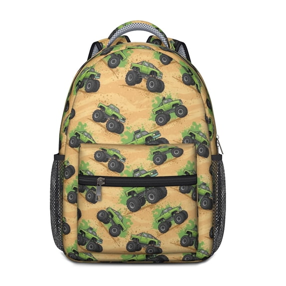 Monster Cartoon Truck Brown Pattern Backpack for School, Cute School Bag with Adjustable Shoulder Straps and Padded Back, 15.3"x11"x6.7"