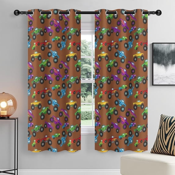 Monster Cartoon Truck Brown Pattern Blackout Curtains,Triple Weaved Fabric,Thermal Insulated,Room Darkening,Grommet Top,2 Panels,42x84in(107x213cm)