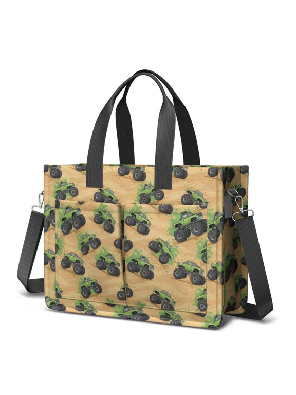 Monster Cartoon Truck Brown Pattern Canvas Messenger Tote Bag, Nurse Handbag with Multi Pockets & Removable Strap, Durable Canvas Gifts for Birthday Christmas Thanksgiving