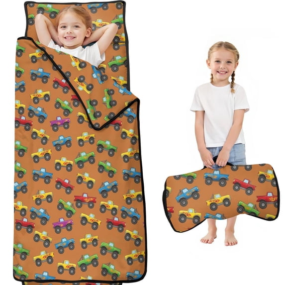 Monster Cartoon Truck Brown Pattern Teens Toddler Nap Mat with Pillow, Sleeping Mat Bag for Preschool Daycare 59"x22"