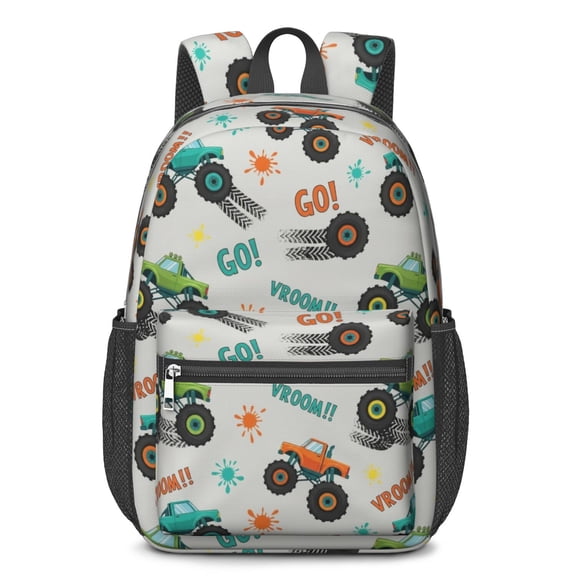 Monster Cartoon Truck Gray Pattern 17" School Backpacks for Teens,Waterproof Oxford Fabric,S-Shape Padded Straps for School,Travel,Hiking,Camping