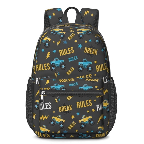 Monster Cartoon Truck Gray Pattern 17" School Backpacks for Teens,Waterproof Oxford Fabric,S-Shape Padded Straps for School,Travel,Hiking,Camping