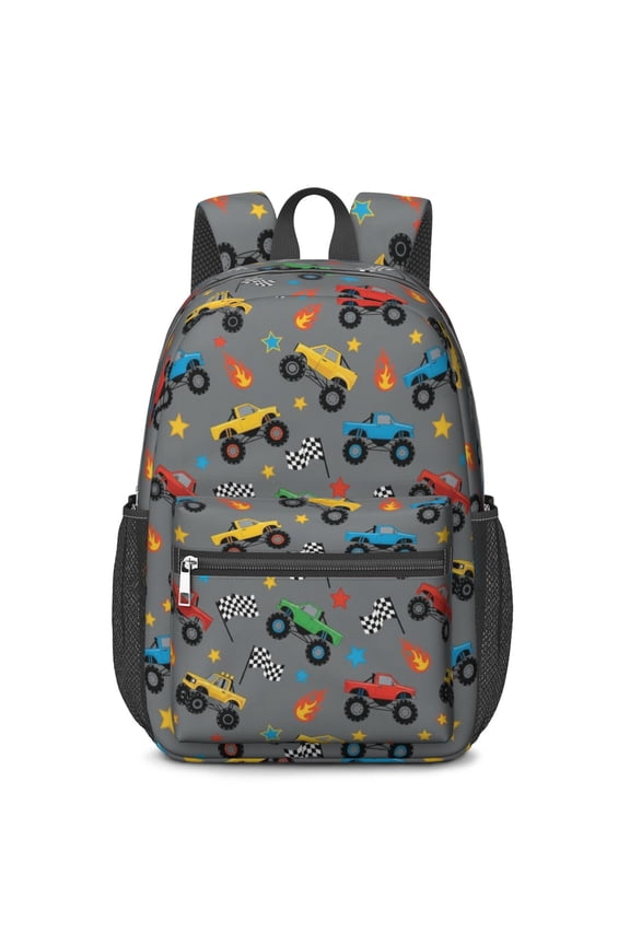 Monster Cartoon Truck Gray Pattern 17" School Backpacks for Teens,Waterproof Oxford Fabric,S-Shape Padded Straps for School,Travel,Hiking,Camping