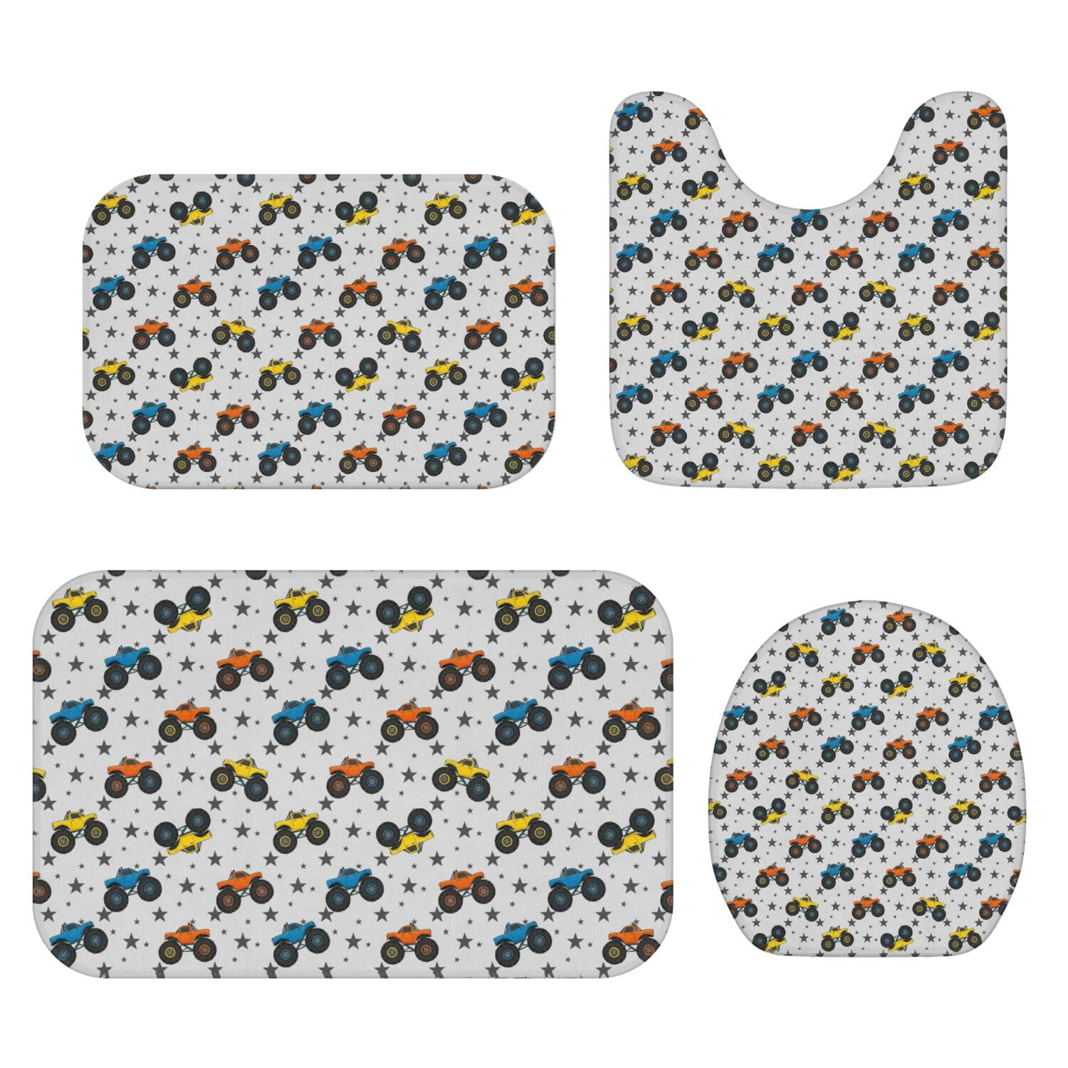 Monster Cartoon Truck Gray Pattern Bathroom Rug Set 4 Piece,Includes ...