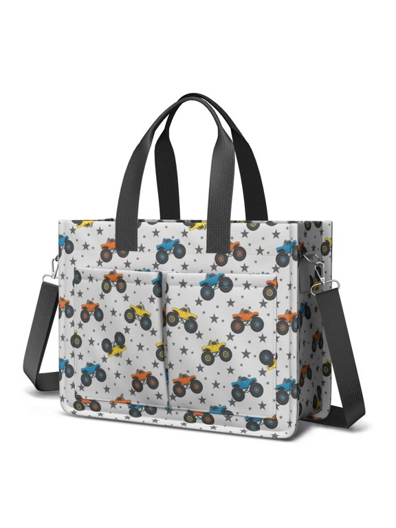 Monster Cartoon Truck Gray Pattern Canvas Messenger Tote Bag, Laptop Shoulder Bag with Multi Pockets & Removable Strap, Durable Canvas Gifts for Women Men Teacher Nurse