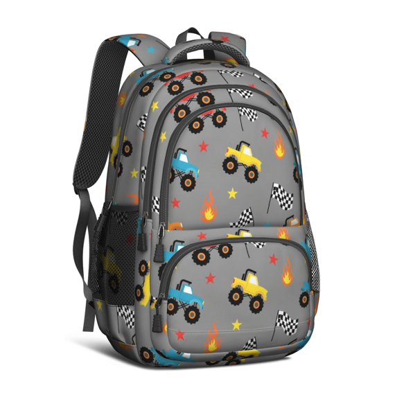 Monster Cartoon Truck Gray Pattern Cute School Backpack Bag with Padded Back and Adjustable Shoulder Straps 16.9 X 12.6 X 5.9 Inches