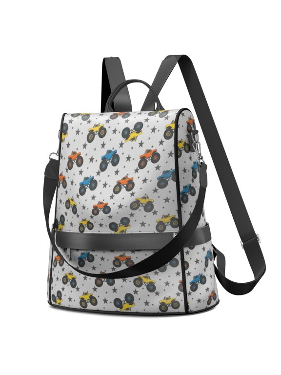 Monster Cartoon Truck Gray Pattern Fashion Backpack, Convertible Shoulder Bag with Side Bottle Pockets & Convertible Strap, Large Capacity Gifts for Birthday Christmas Thanksgiving