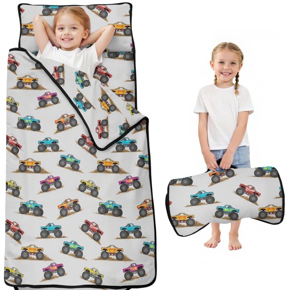 Monster Cartoon Truck Gray Pattern Kids Nap Mat, Daycare Sleep Mat with Handle & Fastening Straps, Easy Roll Up Gifts for Birthday Holiday,50"x20"