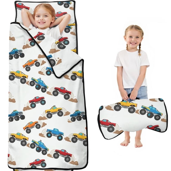 Monster Cartoon Truck Gray Pattern Teens Toddler Nap Mat with Pillow, Sleeping Mat Bag for Preschool Daycare 60"x20"