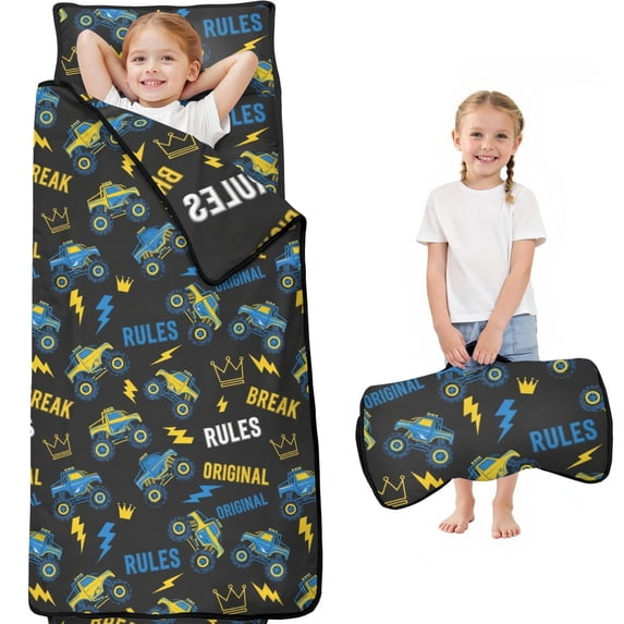 Monster Cartoon Truck Gray Pattern Teens Toddler Nap Mat with Pillow, Sleeping Mat Bag for Preschool Daycare 60"x20"