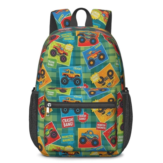 Monster Cartoon Truck Green Pattern 17" School Backpacks for Teens,Waterproof Oxford Fabric,S-Shape Padded Straps for School,Travel,Hiking,Camping