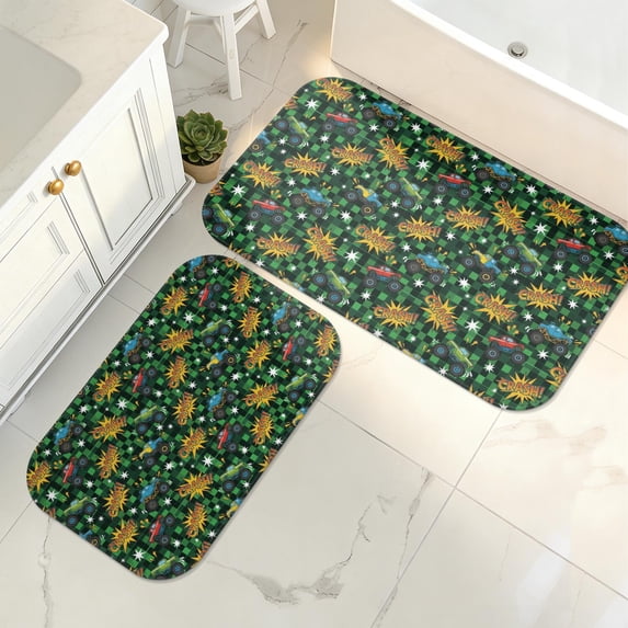Monster Cartoon Truck Green Pattern 2 Piece Flannel Bathroom Rug Set ...