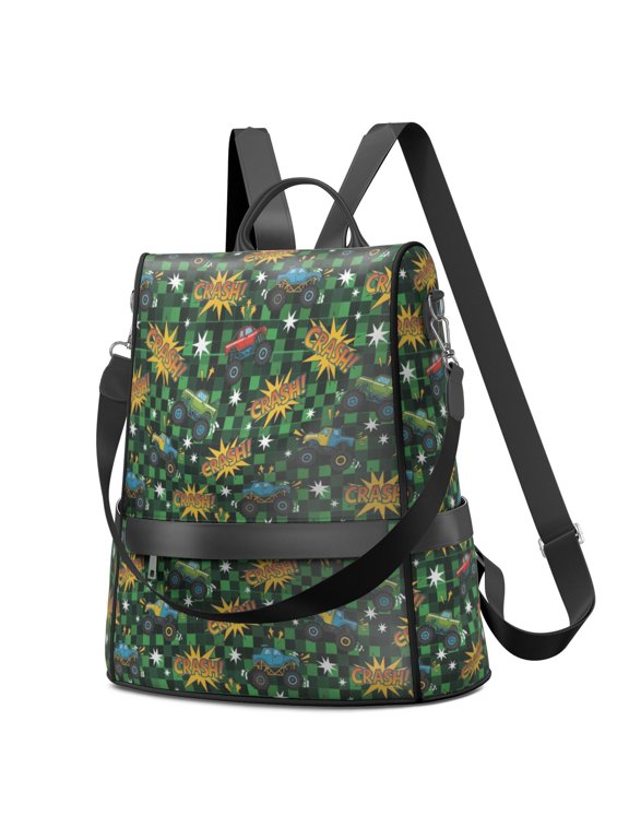 Monster Cartoon Truck Green Pattern Fashion Backpack, Fashion Handbag Backpack with Side Bottle Pockets & Convertible Strap, Large Capacity Gifts for Birthday Christmas Thanksgiving