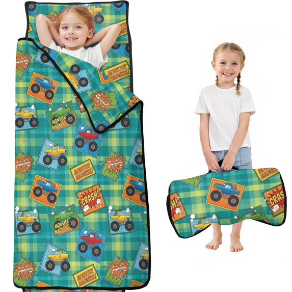 Monster Cartoon Truck Green Pattern Teens Toddler Nap Mat with Pillow, Sleeping Mat Bag for Preschool Daycare 59"x22"