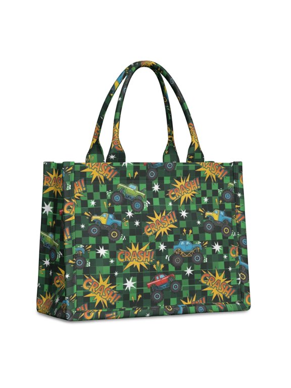 Monster Cartoon Truck Green Pattern Tote Bag, Laptop Carry Tote with Interior Pockets & Top Handle, Dacron Fabric Gifts for Women Men,15.7 X 5.1 X 13 Inches