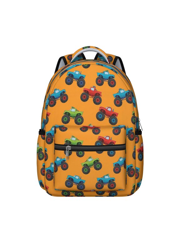 Monster Cartoon Truck Orange Pattern Backpack for School, Cute School Bag with Adjustable Shoulder Straps and Padded Back, 15.3"x11"x7.1"