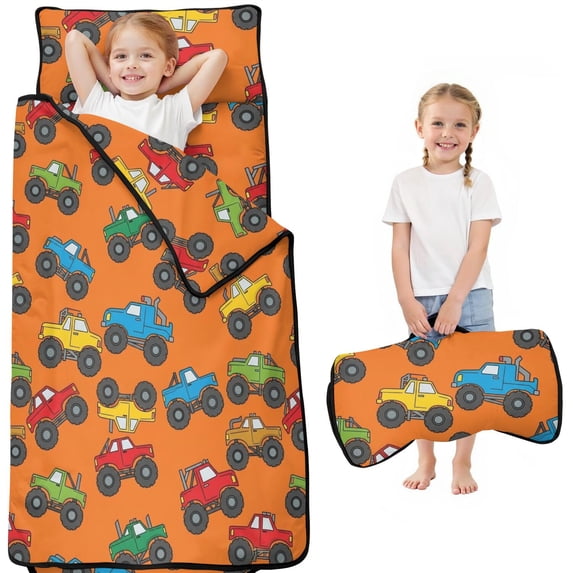 Monster Cartoon Truck Orange Pattern Teens Toddler Nap Mat with Pillow, Sleeping Mat Bag for Preschool Daycare 51"x22"