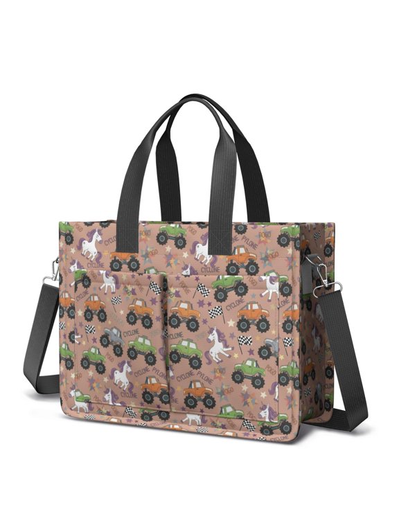 Monster Cartoon Truck Pink Pattern Canvas Messenger Tote Bag, Nurse Handbag with Multi Pockets & Removable Strap, Magnetic Closure Gifts for Work Travel Shopping