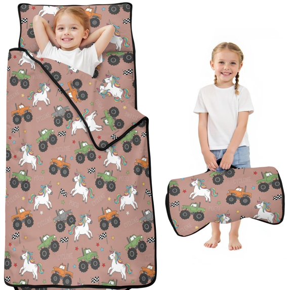 Monster Cartoon Truck Pink Pattern Teens Toddler Nap Mat with Pillow, Sleeping Mat Bag for Preschool Daycare 51"x22"