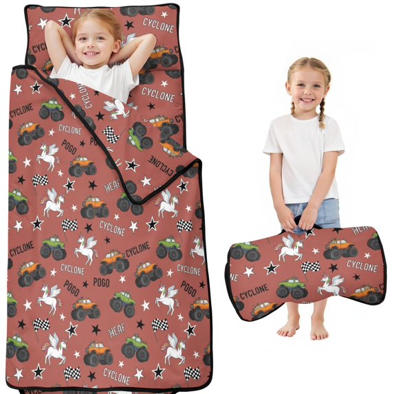 Monster Cartoon Truck Pink Pattern Teens Toddler Nap Mat with Pillow, Sleeping Mat Bag for Preschool Daycare 51"x22"